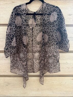 100% SILK Lightweight Black & Cream / Ponk Printed Sheer Kimono - Women's Top